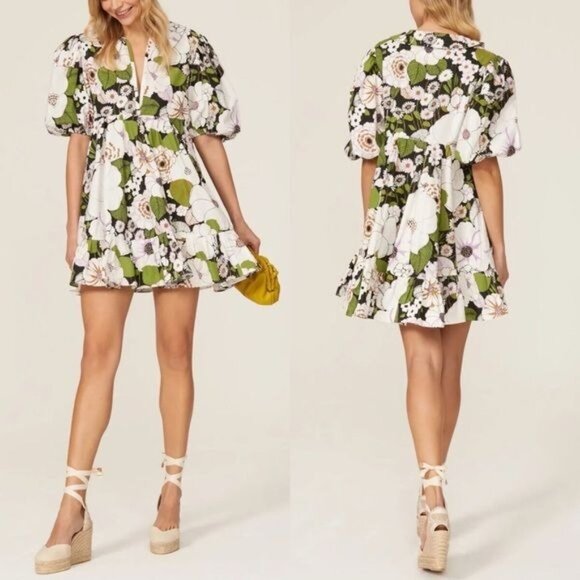 Maje Rafleur Puff Sleeve Floral Poplin Mini Dress 34 Neutral XS Ruffle Vneck - Picture 5 of 16